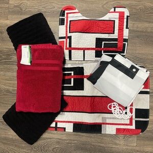 Geometric Red and Black Bathroom Set rugs towels shower curtain all in one hooks